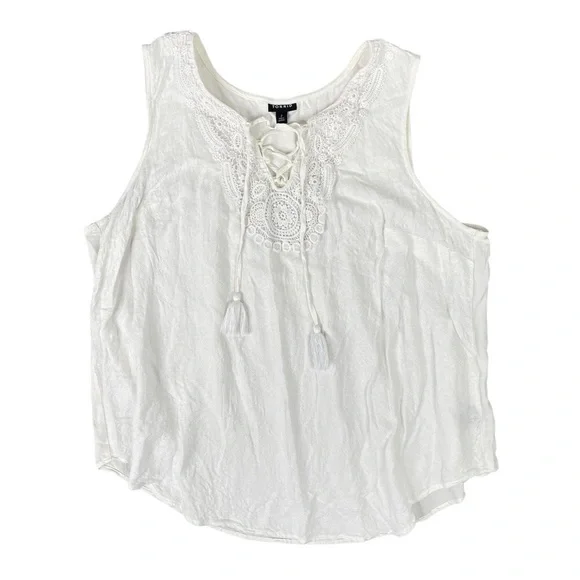 Torrid Top 2X Crochet Detail Lace Up Tank White Tassel Tie Flowy Sleeveless - Picture 1 of 12